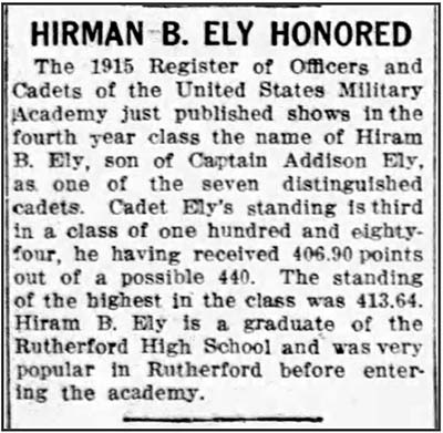 Image of newspaper article which reads in part: Hiram B Ely is one of 7 distinguished cadets. Cadet Ely's standing is third in a class of 184. Hiram is a graduate of Rutherford High School and was very popular in Rutherford before entering the academy.