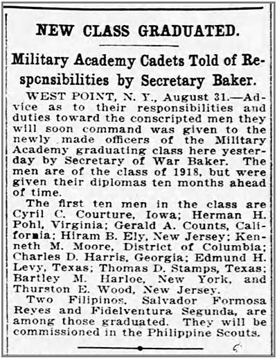 Image of newspaper article which reads in part: New class graduated. Military academy cadets told of responsibilities by Secretary Baker. The men are of the class of 1918 but were given their diplomas 10 months ahead of time. The first ten men in the class are Cyril Courture, Herman Pohl, Gerald Counts, Hiram B Ely…