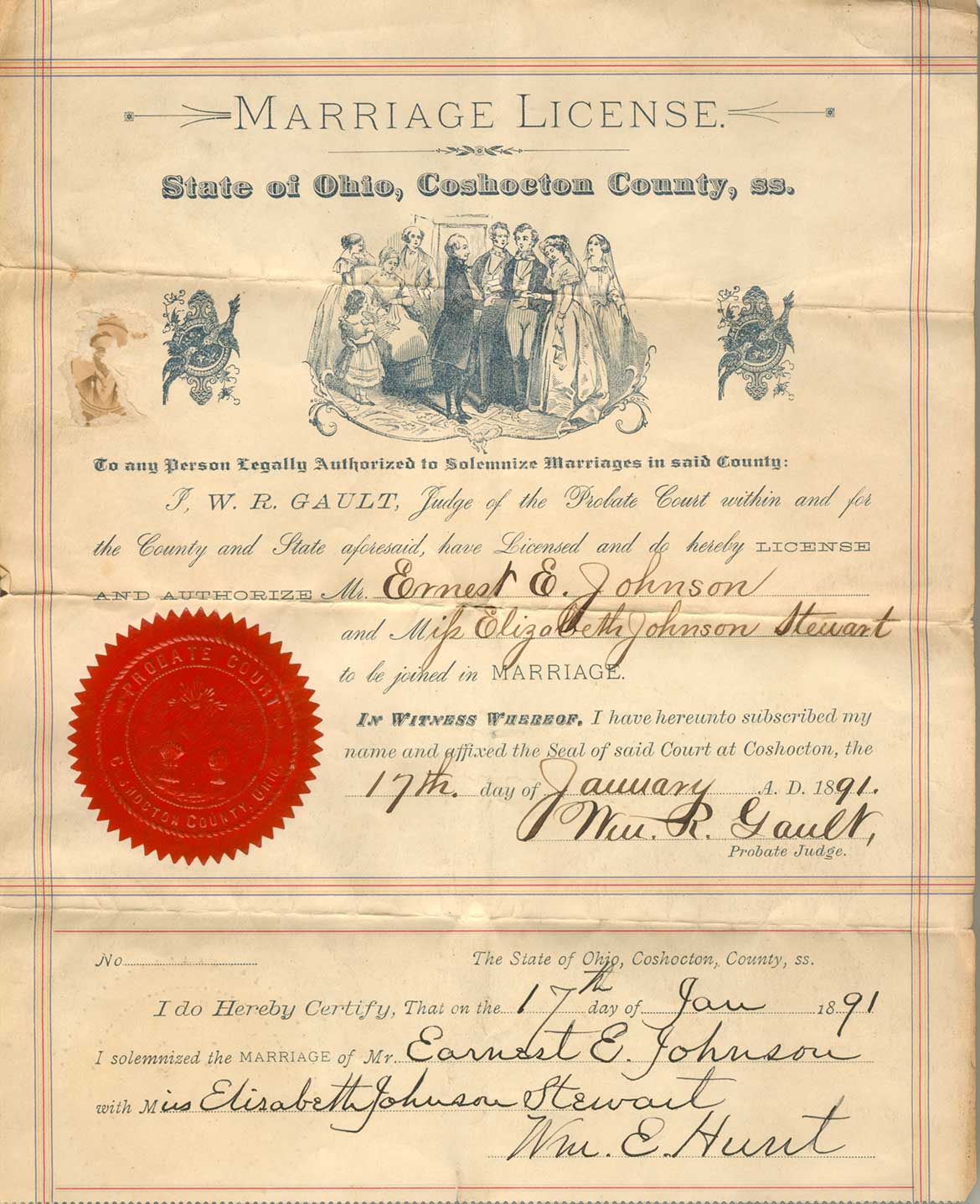 marriage license of Ernest Edgar Johnson and Bessie Stewart