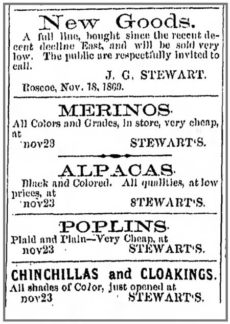 1870 newspaper ad for John G Stewart's Roscoe store